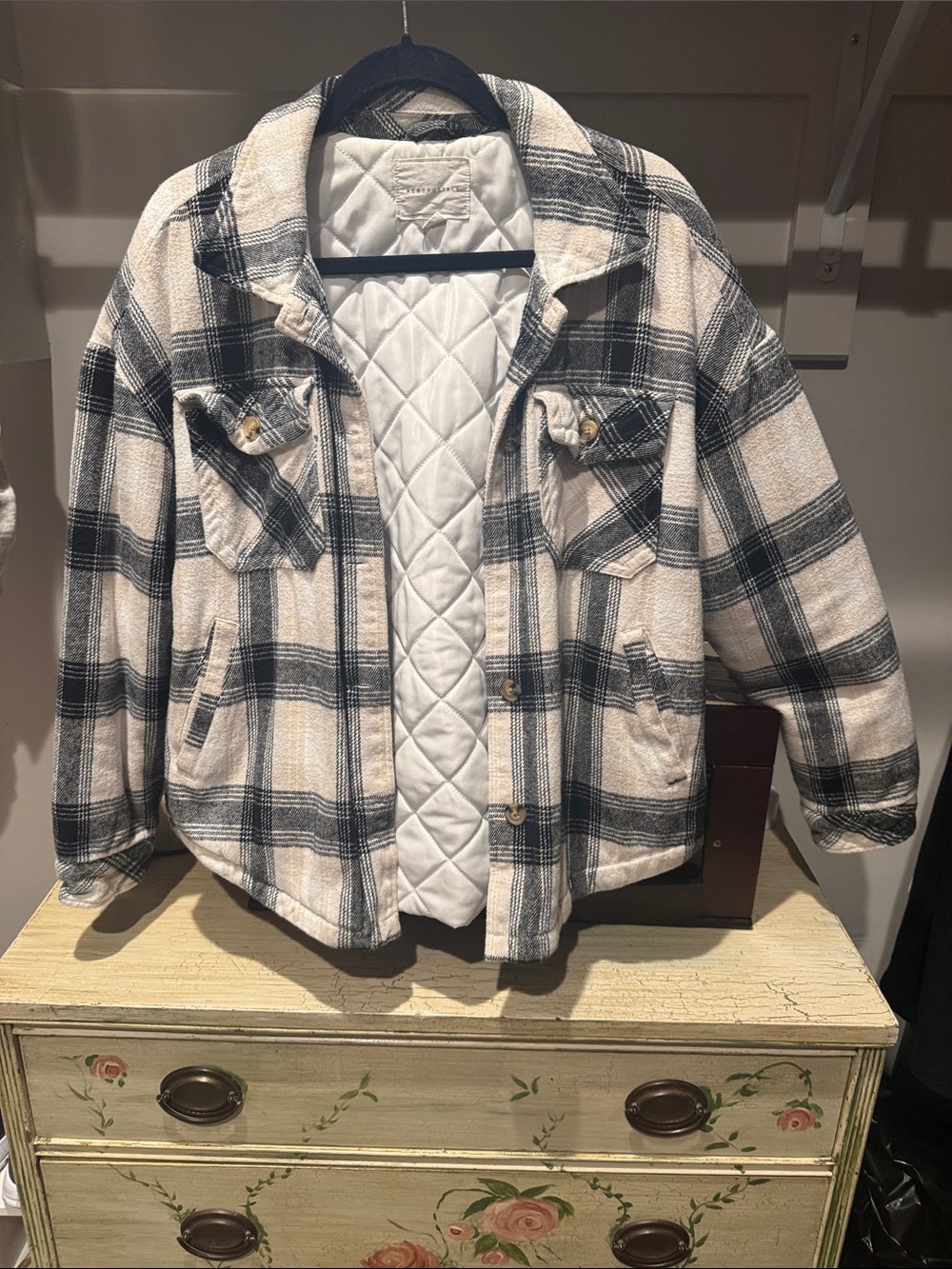 Women’s Quilted Lined Plaid Shacket Jacket - Cream & Black, very thick!